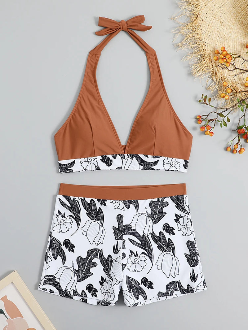 2026 Halter Bikini Set Short Swimsuit Women High Waist Swimwear Female Printed Bathers Swimming Bathing Swim Suit Beachwear