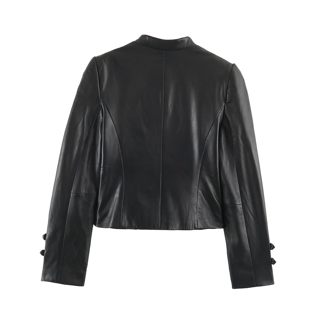 Leather effect stand up collar jacket for women