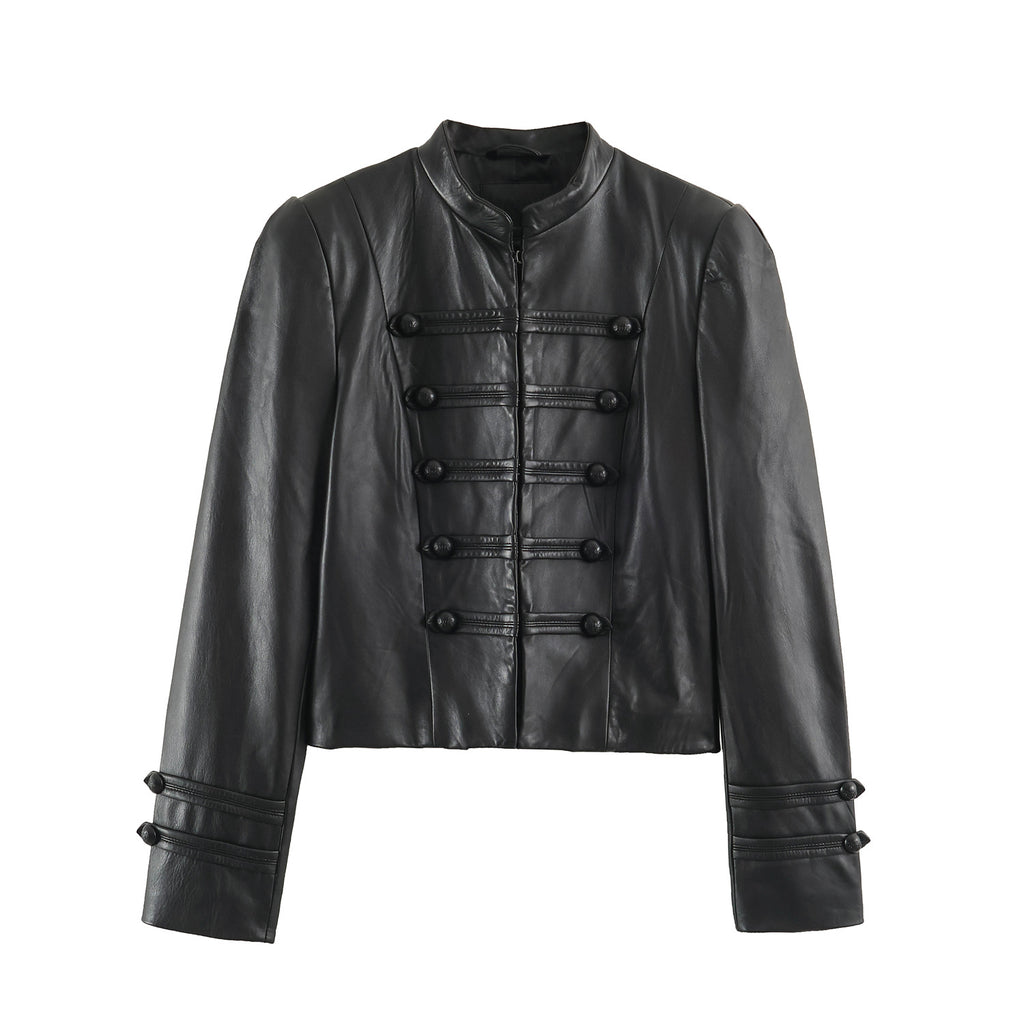 Leather effect stand up collar jacket for women
