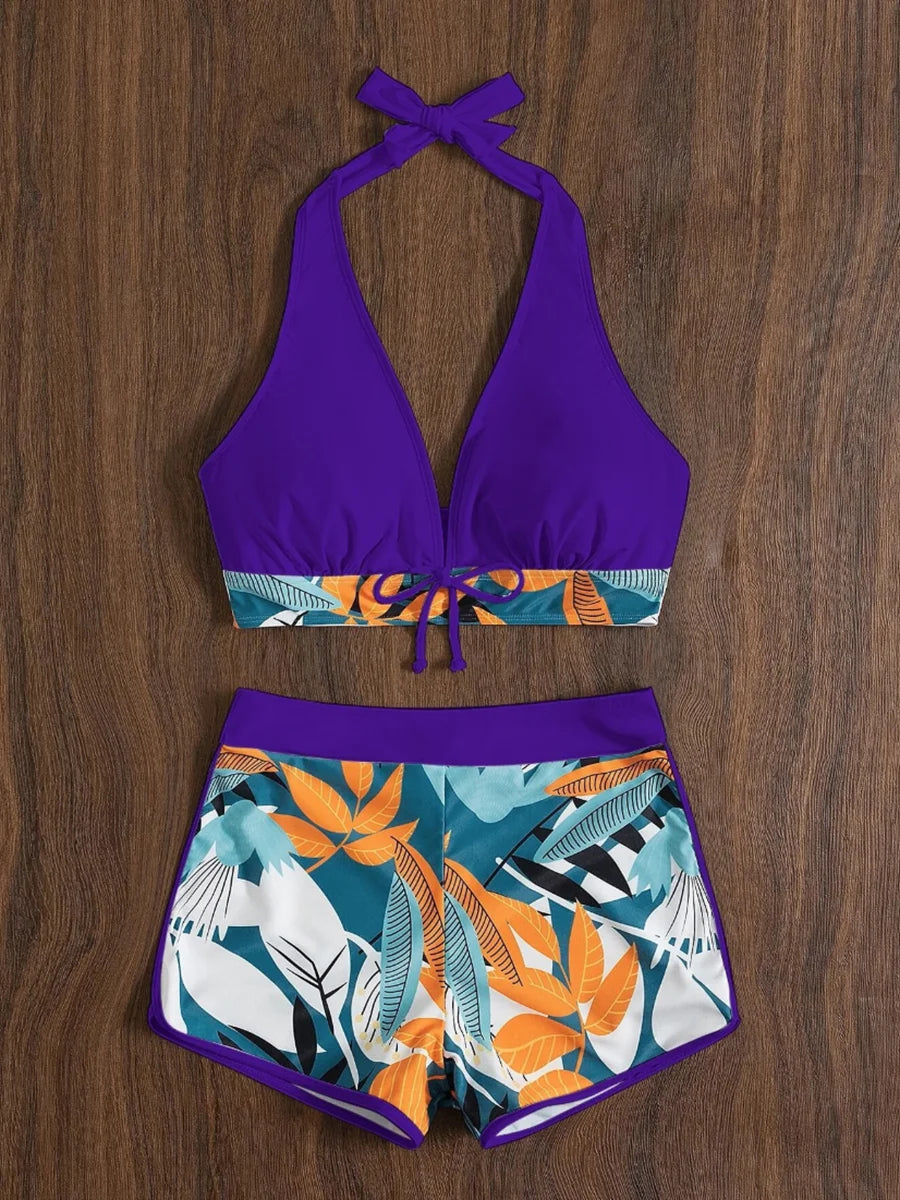 2026 Halter Bikini Set Short Swimsuit Women High Waist Swimwear Female Printed Bathers Swimming Bathing Swim Suit Beachwear