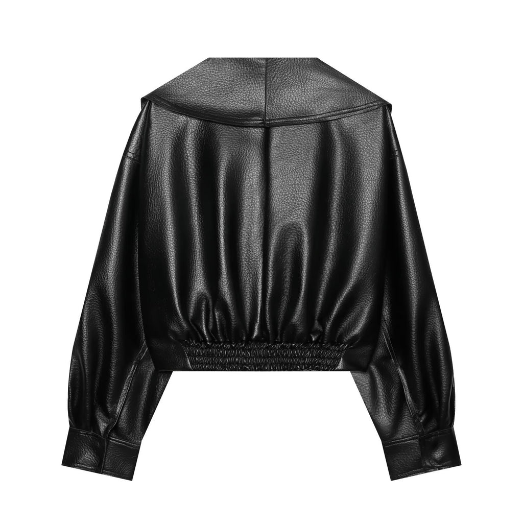 Loose one piece buckle lapel PU leather jacket for women