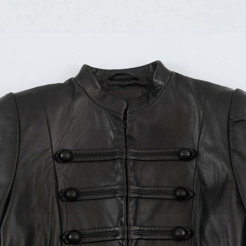 Leather effect stand up collar jacket for women