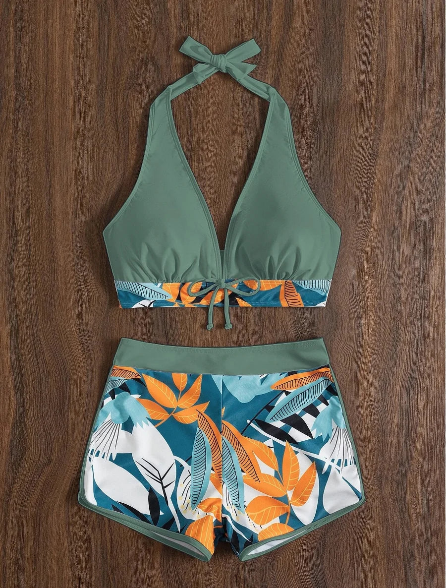 2026 Halter Bikini Set Short Swimsuit Women High Waist Swimwear Female Printed Bathers Swimming Bathing Swim Suit Beachwear
