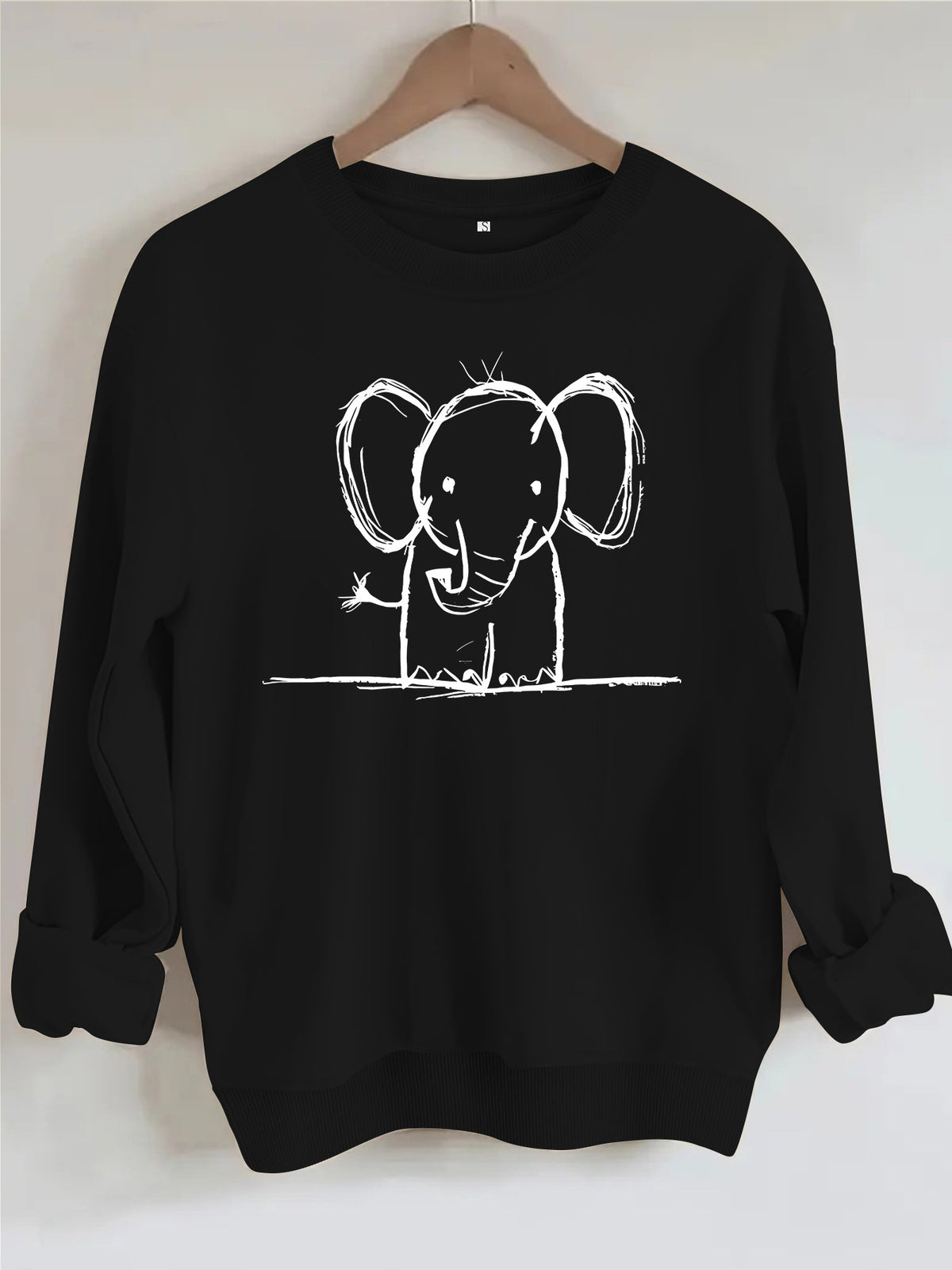 Elephant print round neck fleece hoodie