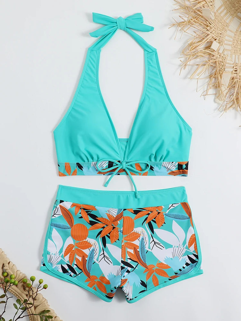 2026 Halter Bikini Set Short Swimsuit Women High Waist Swimwear Female Printed Bathers Swimming Bathing Swim Suit Beachwear