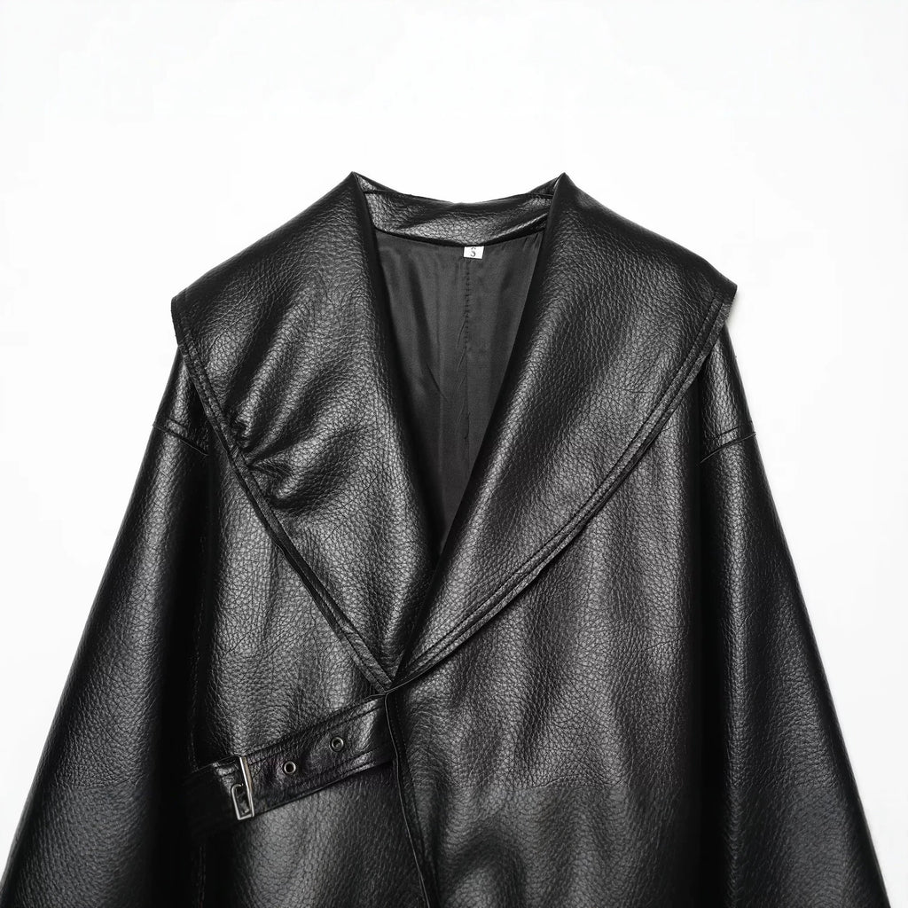 Loose one piece buckle lapel PU leather jacket for women
