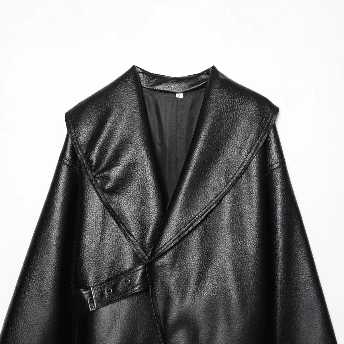 Loose one piece buckle lapel PU leather jacket for women
