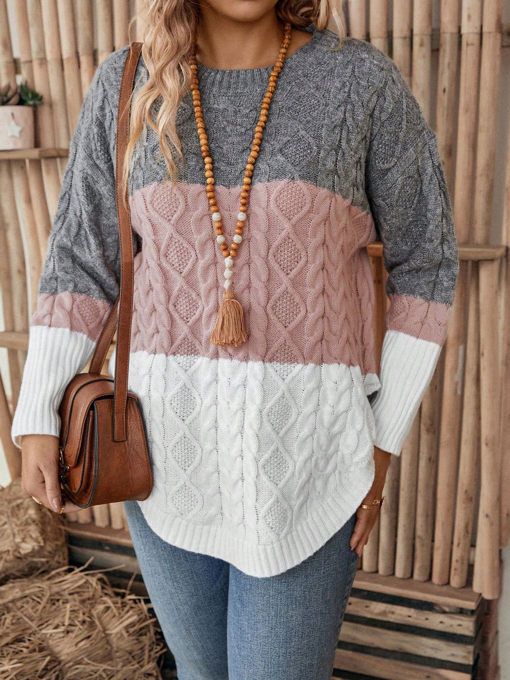 EMERY ROSE Women'S plus Size Colorblock Sweater with Crew Neck, Winter Knit Pullover Fall Autumn