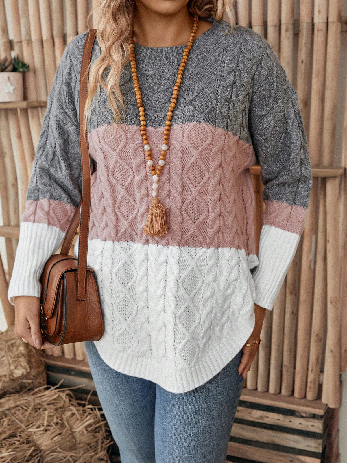 EMERY ROSE Women'S plus Size Colorblock Sweater with Crew Neck, Winter Knit Pullover Fall Autumn