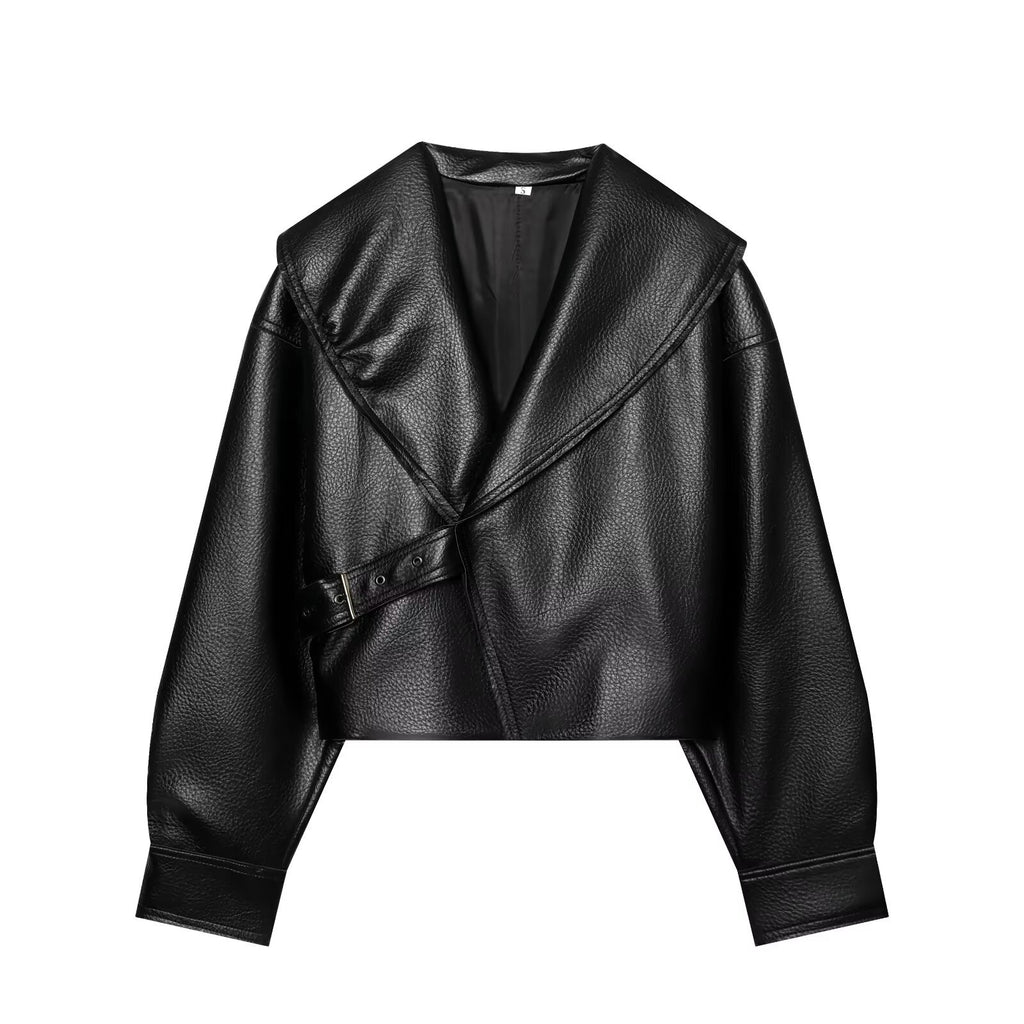 Loose one piece buckle lapel PU leather jacket for women