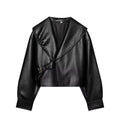 Loose one piece buckle lapel PU leather jacket for women