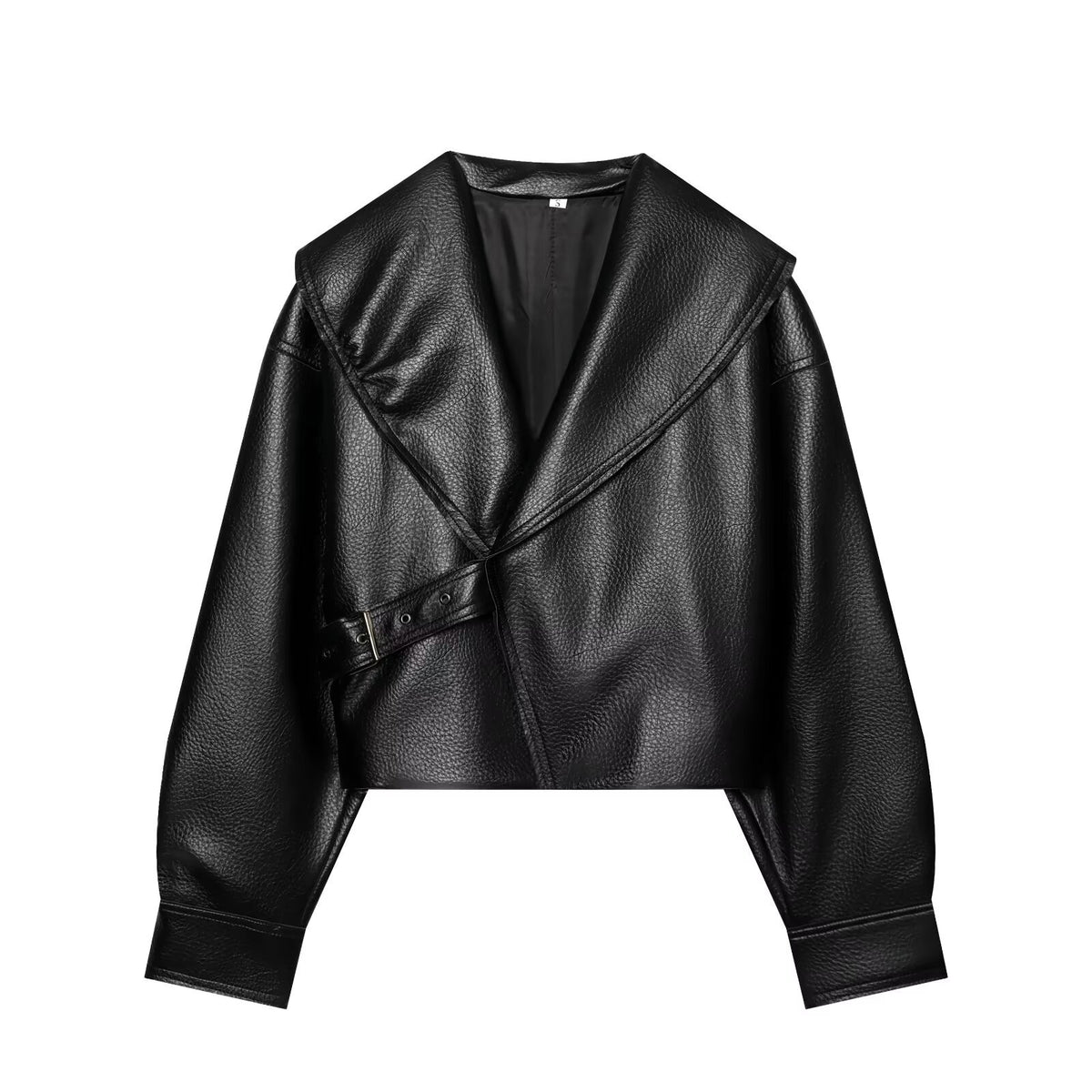 Loose one piece buckle lapel PU leather jacket for women