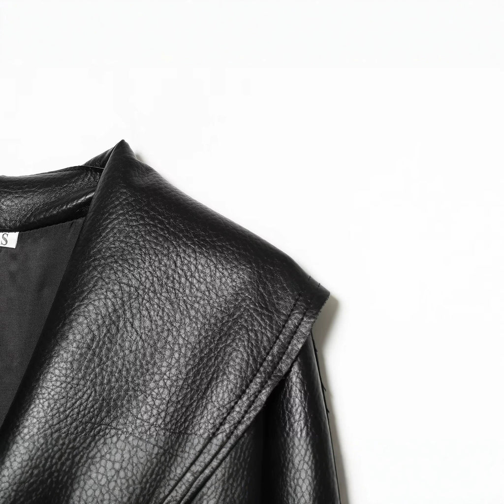 Loose one piece buckle lapel PU leather jacket for women