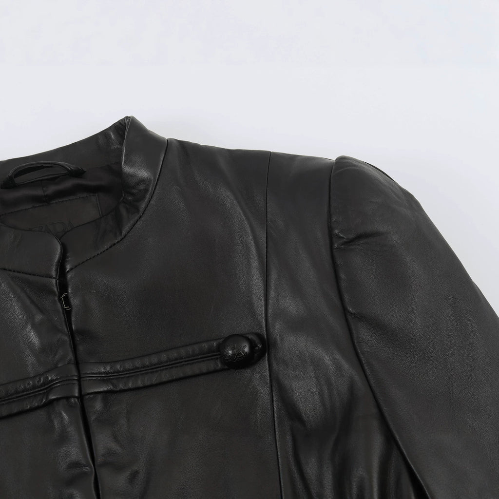 Leather effect stand up collar jacket for women