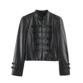 Leather effect stand up collar jacket for women