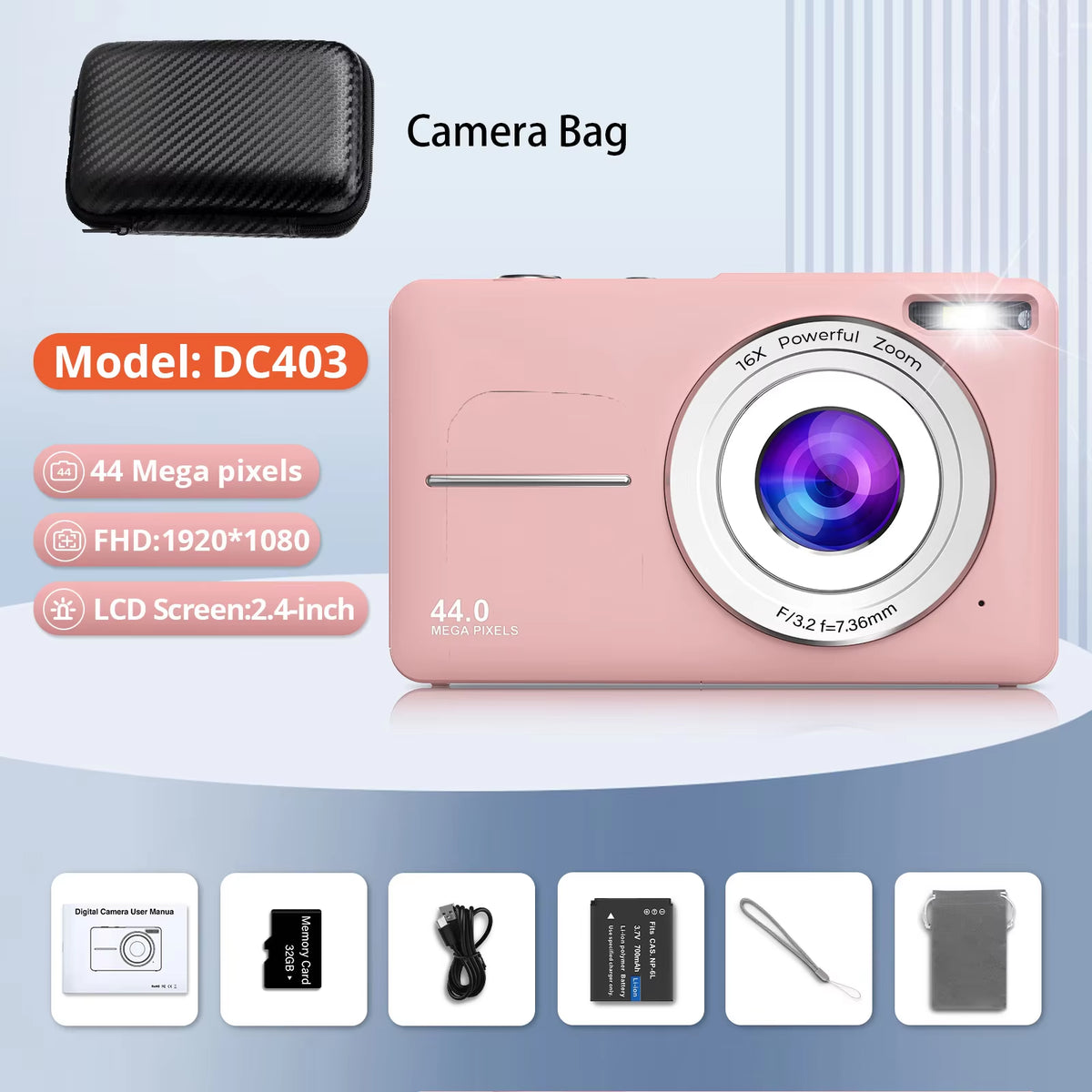 HD 1080P 2.4 Inch Digital Camera Rechargeable Cameras with 16X Zoom Compact Camera 44MP Cameras for Kids Beginner Camera