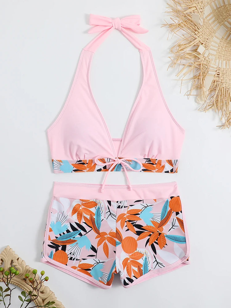 2026 Halter Bikini Set Short Swimsuit Women High Waist Swimwear Female Printed Bathers Swimming Bathing Swim Suit Beachwear