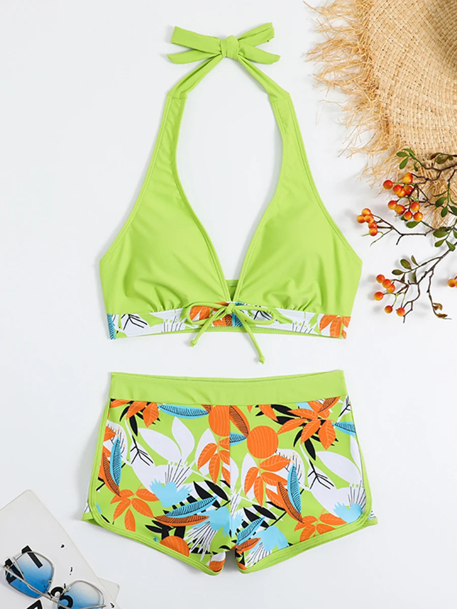2026 Halter Bikini Set Short Swimsuit Women High Waist Swimwear Female Printed Bathers Swimming Bathing Swim Suit Beachwear