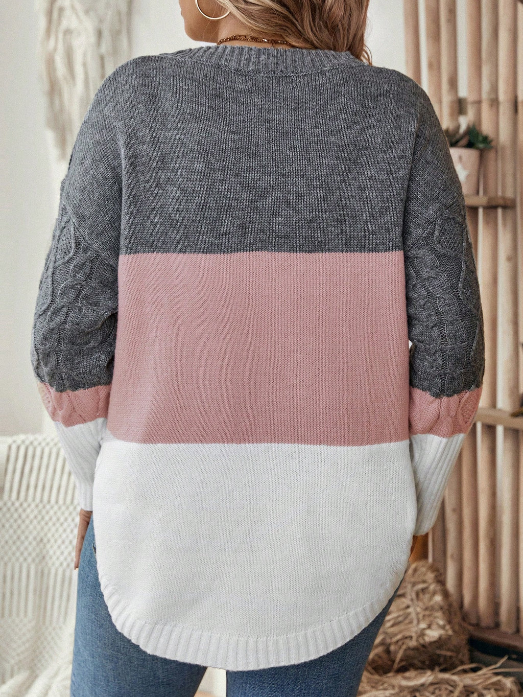EMERY ROSE Women'S plus Size Colorblock Sweater with Crew Neck, Winter Knit Pullover Fall Autumn