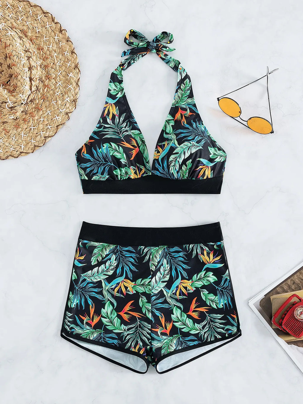 2026 Halter Bikini Set Short Swimsuit Women High Waist Swimwear Female Printed Bathers Swimming Bathing Swim Suit Beachwear
