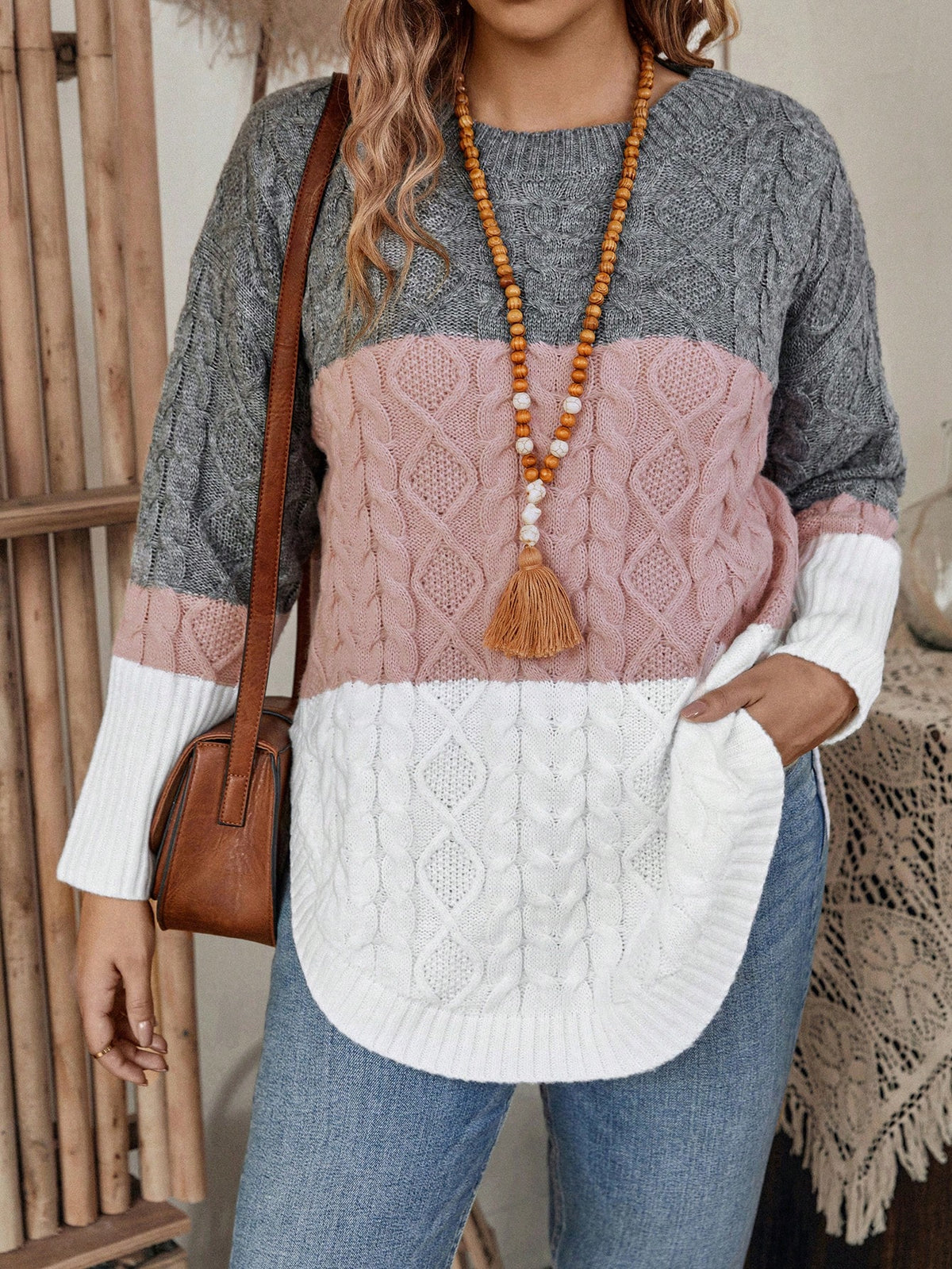 EMERY ROSE Women'S plus Size Colorblock Sweater with Crew Neck, Winter Knit Pullover Fall Autumn