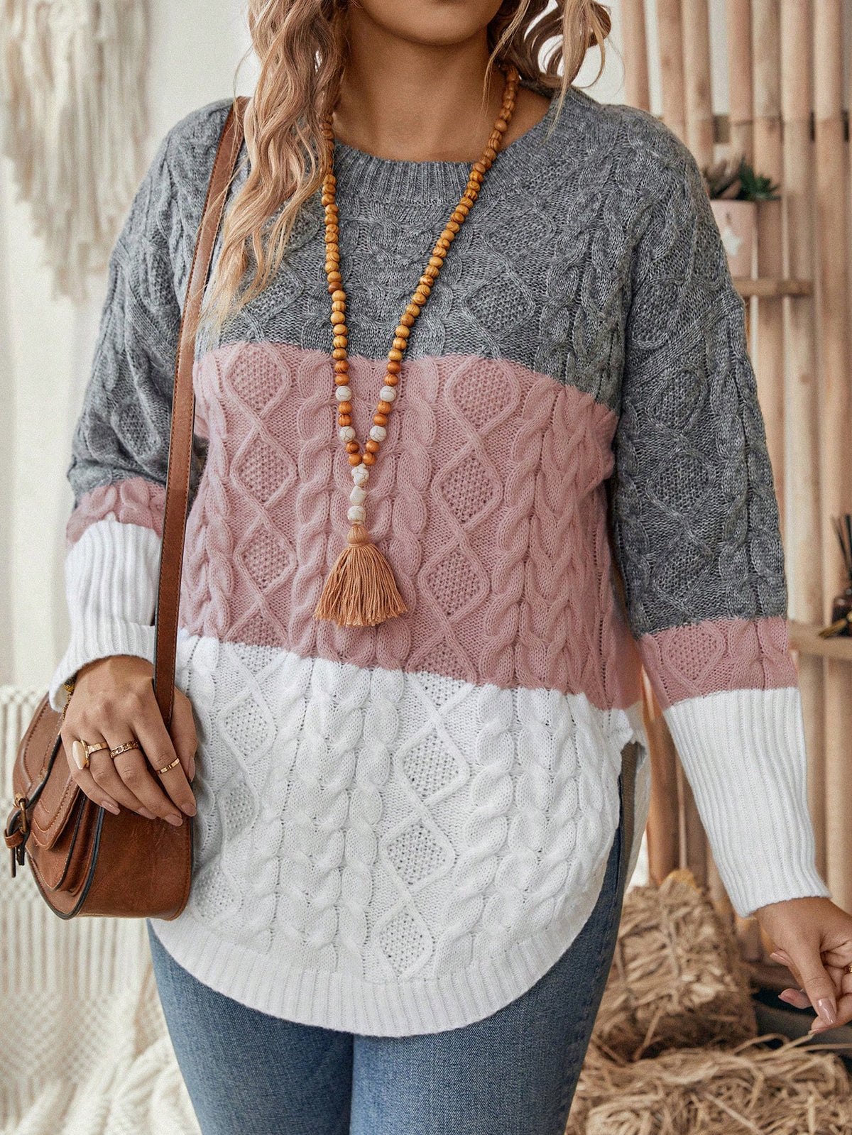 EMERY ROSE Women'S plus Size Colorblock Sweater with Crew Neck, Winter Knit Pullover Fall Autumn